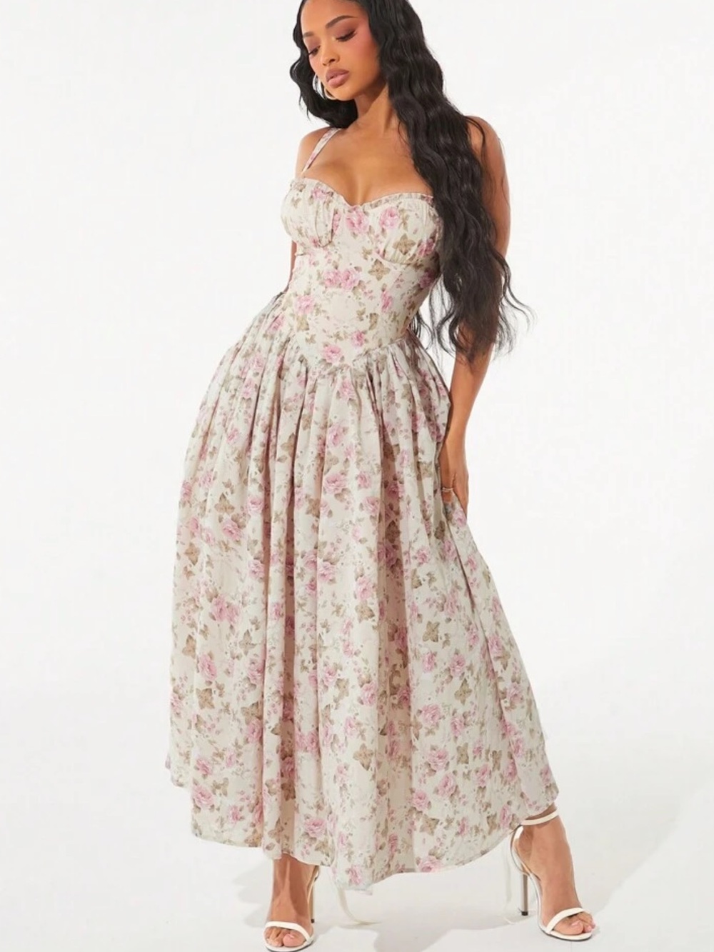 Floral Sweetheart Midi Dress in Light Pink